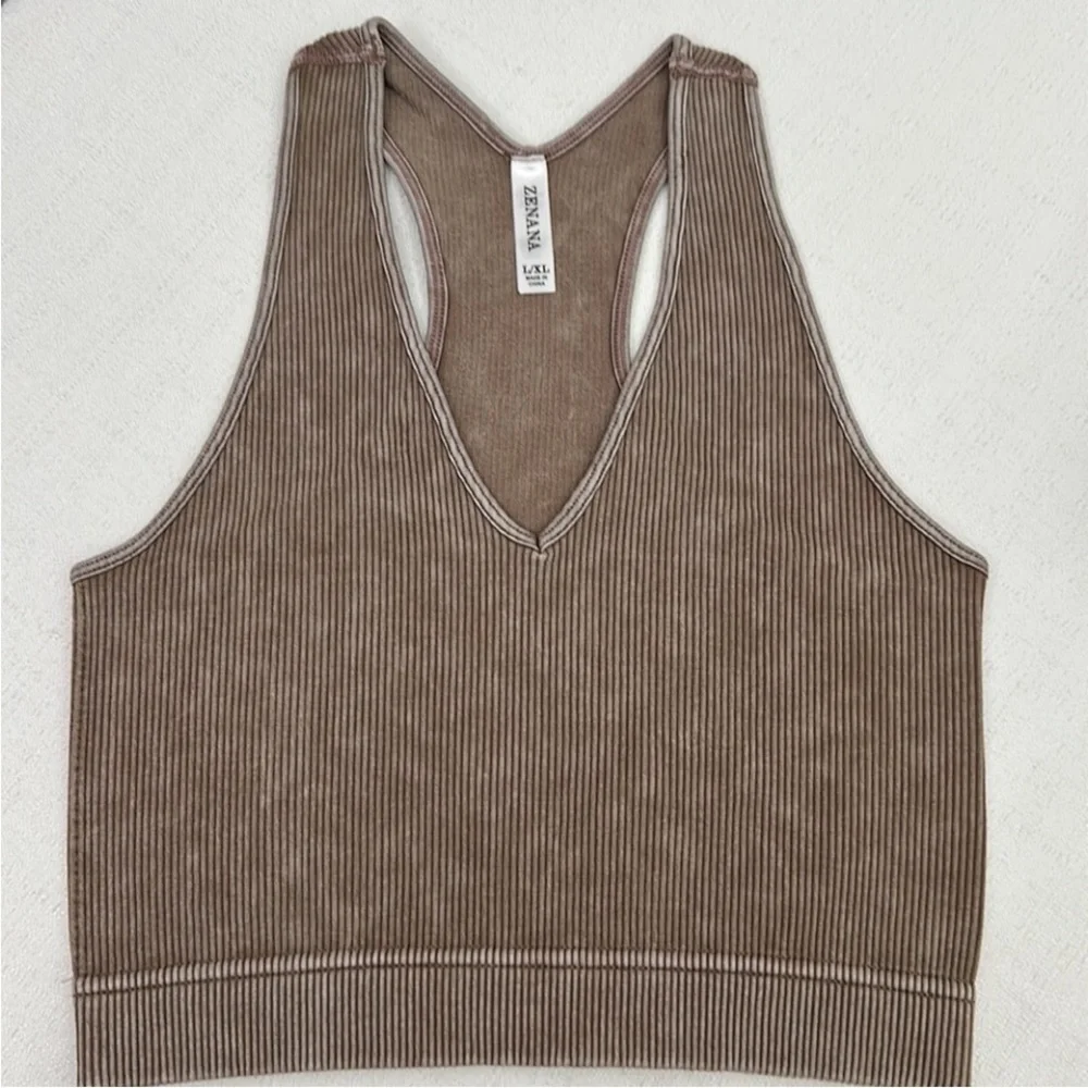 Mocha Stone Washed Cropped Ribbed Racerback Tank - Picture 6 of 7